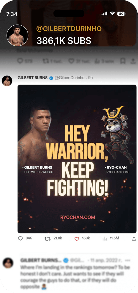Gilbert Burns（@GilbertDurinho、フォロワー38.6万人）のX投稿。RYO-CHANの「Hey warrior, keep fighting!」クリエイティブ入り